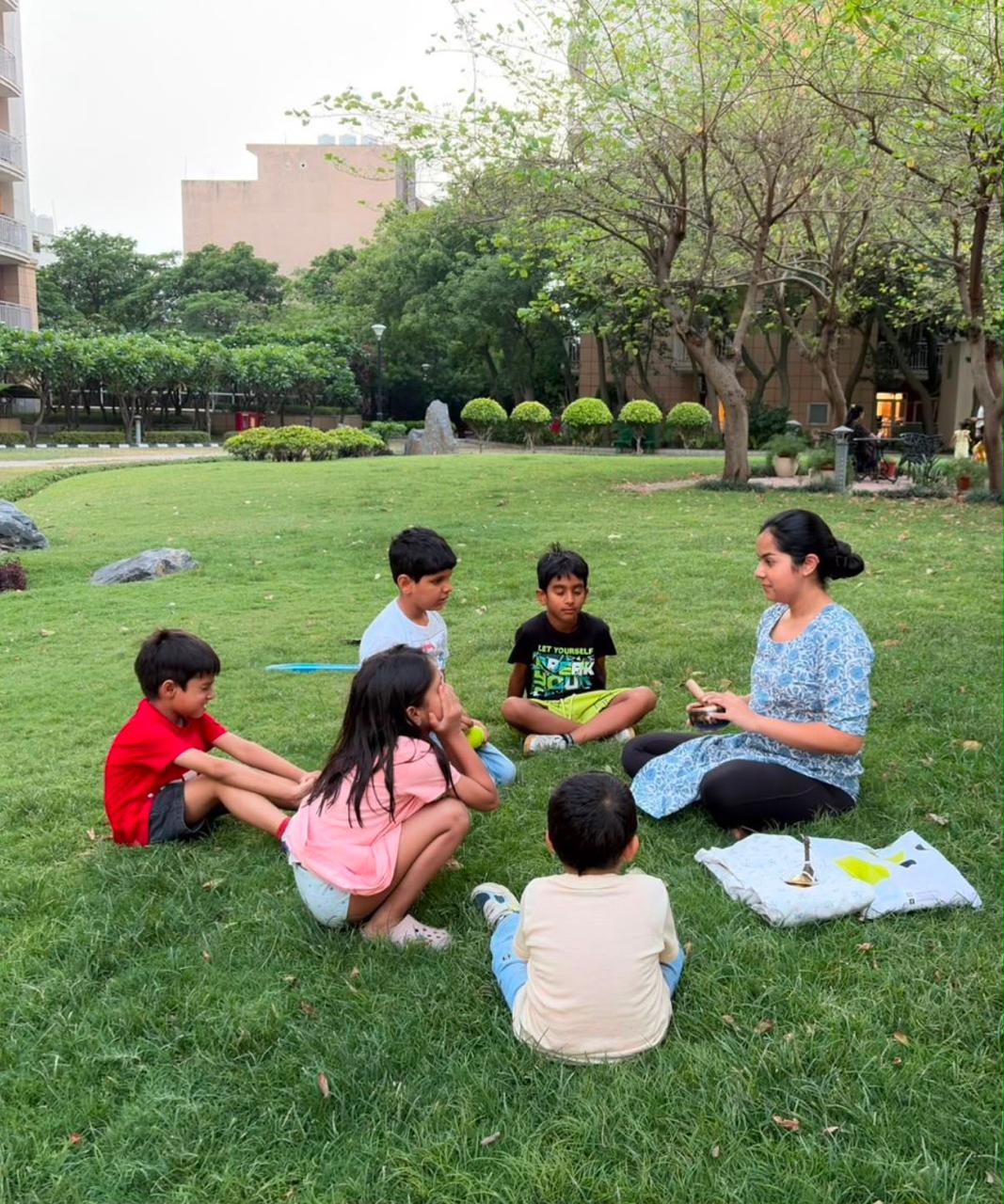 Outdoor sound healing session with children